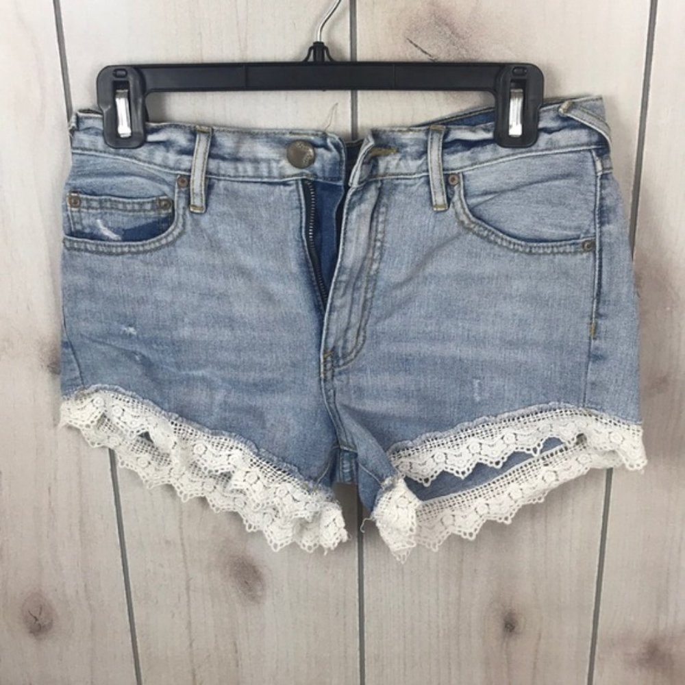 Free People Denim High Waisted Shorts W/ Lace Hem Jorts